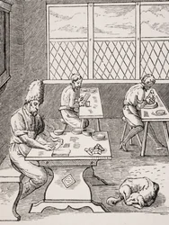 Fabricante de alfileres y agujas, reproducción de un grabado en madera de Jost Amman (1539-91) de 